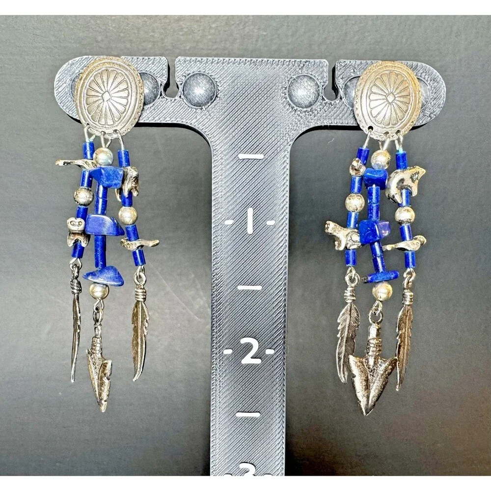 Sterling Silver Southwestern Dangle Earrings Blue Stone Arrowhead Feather Charms